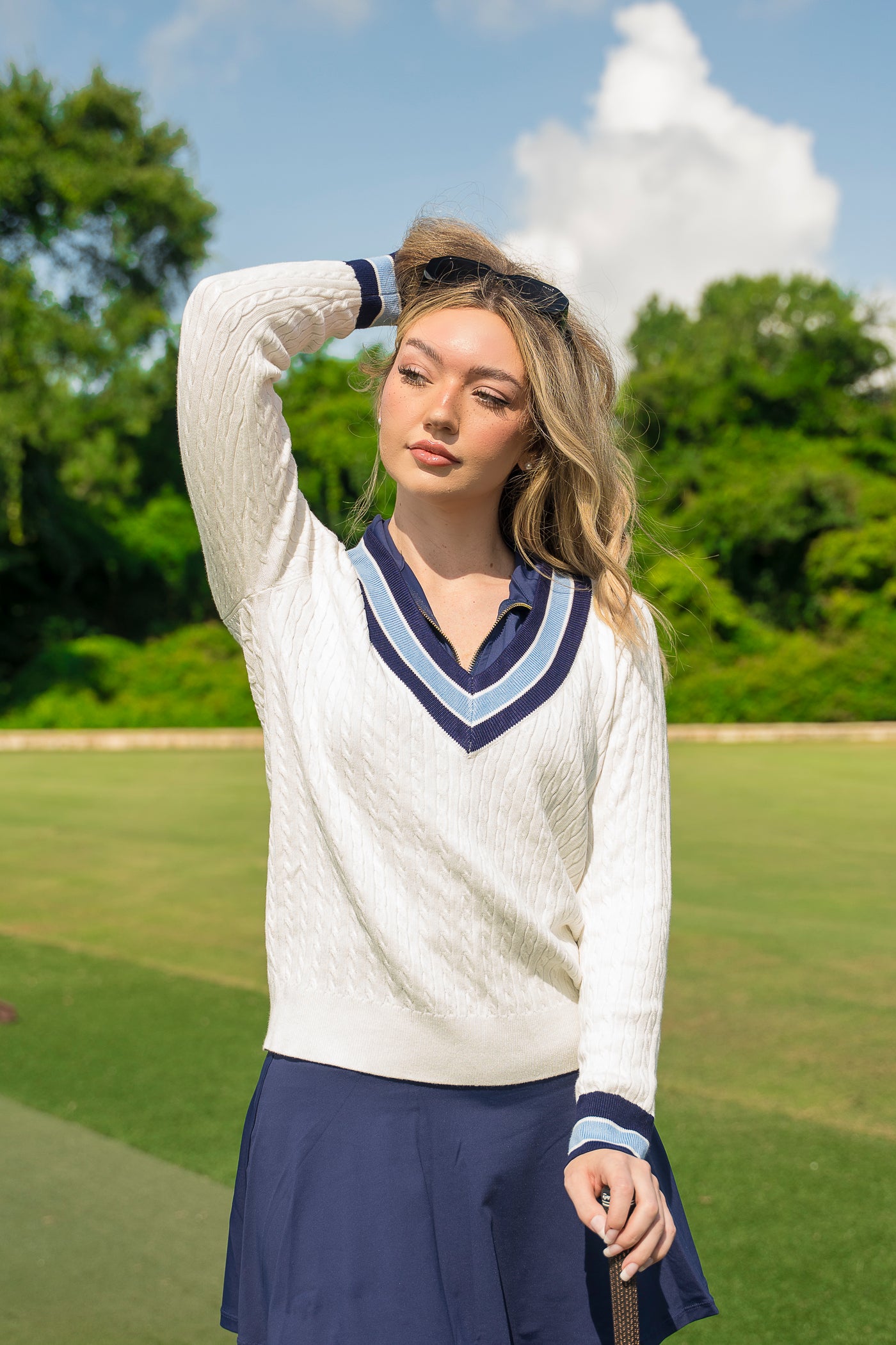 The Birdie V-Neck Sweater- Blue Stripes