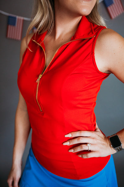 Gold Zip Polo- Red